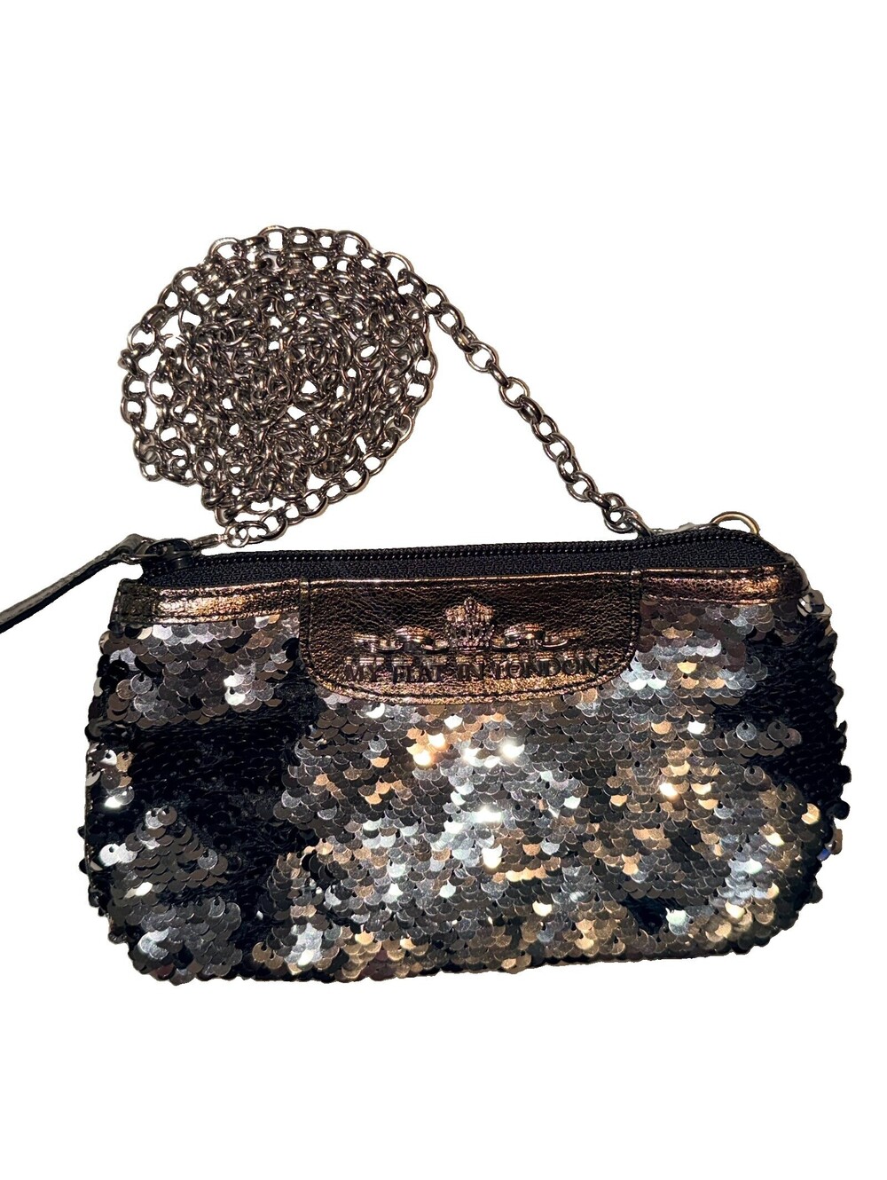 My Flat In London Mini 8" Crossbody Handbag Black Silver Sequins Clutch Wallet
